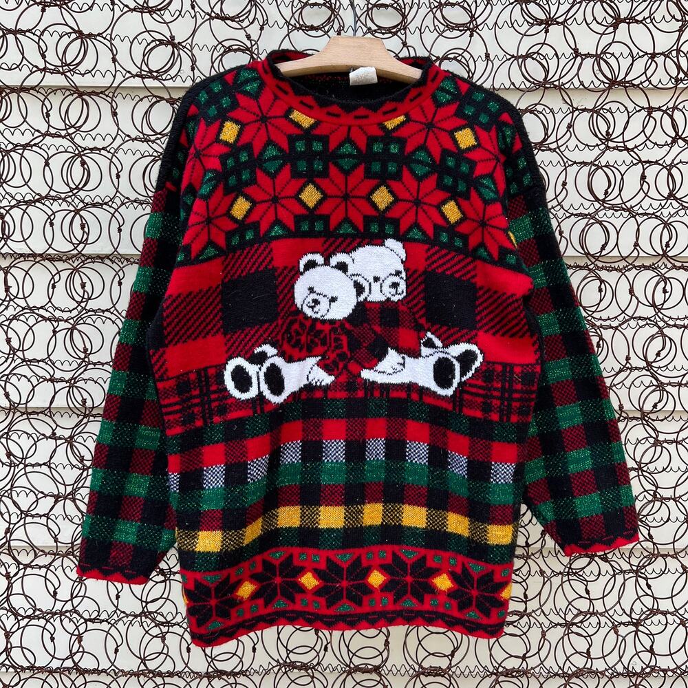 Vintage 90s Holiday Time Teddy Bear plaid ugly christmas sweater SMALL